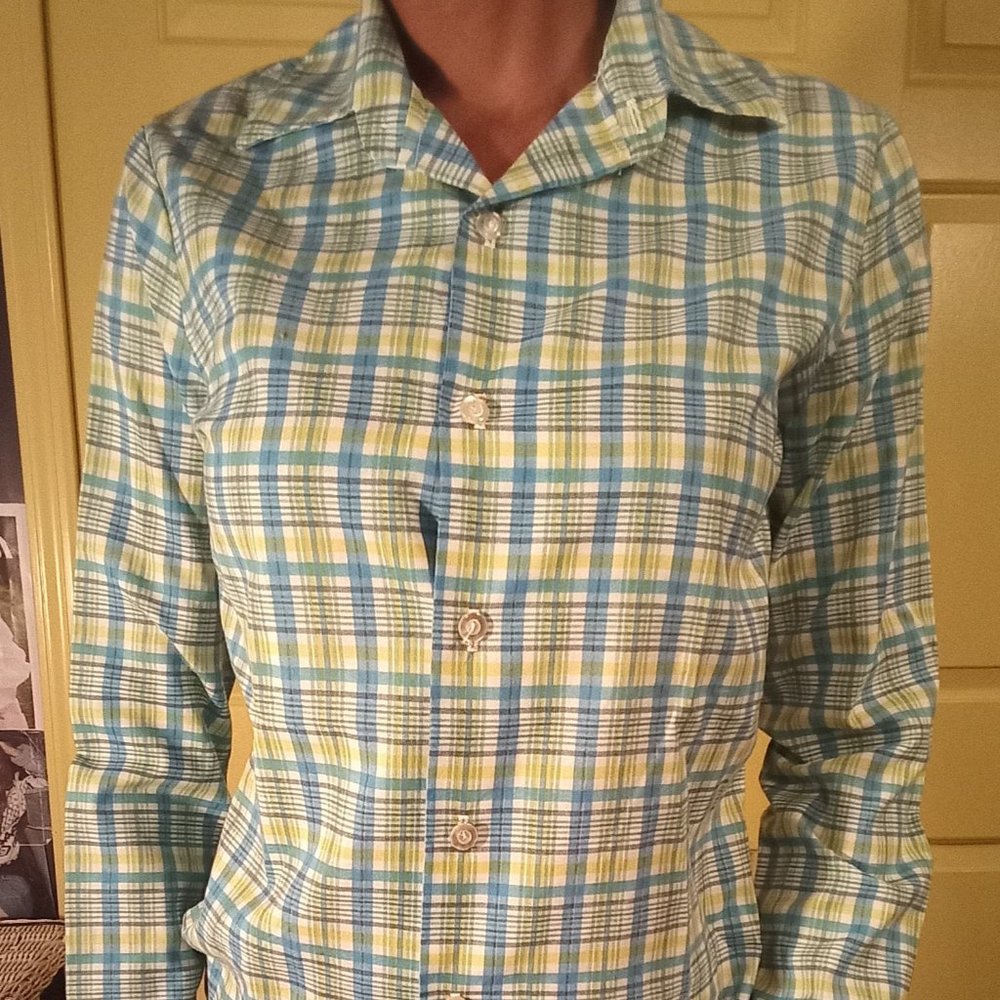 long sleeve button up gingham print blouse. FREE SHIPPING.